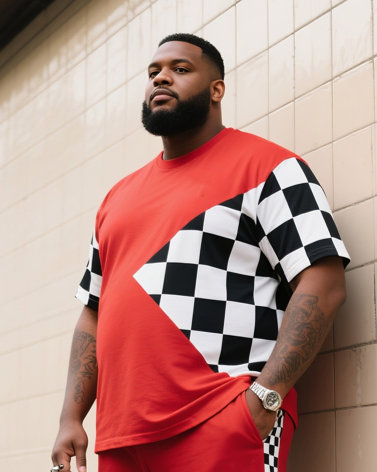Big & Tall Black White Plaid T-Shirt Pants Set for big men view 2