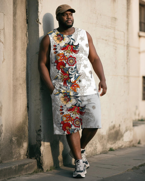 Big and tall white multicolor vintage floral tank top and matching shorts set front model view