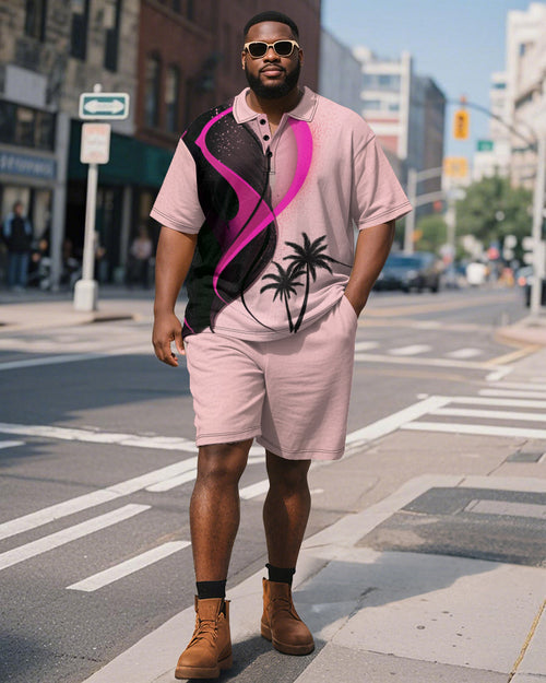 Big & Tall Pink Hawaiian Graphic Polo Shorts Set for big men view 1