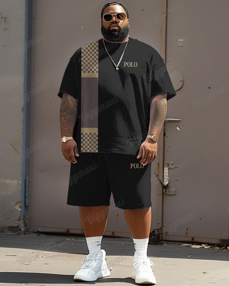 Big & Tall Plaid Graphic Patchwork T-Shirt Shorts Set for big men view 1