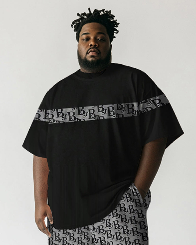 Big & Tall Black Striped Graphic T-Shirt Shorts Set for big men view 2
