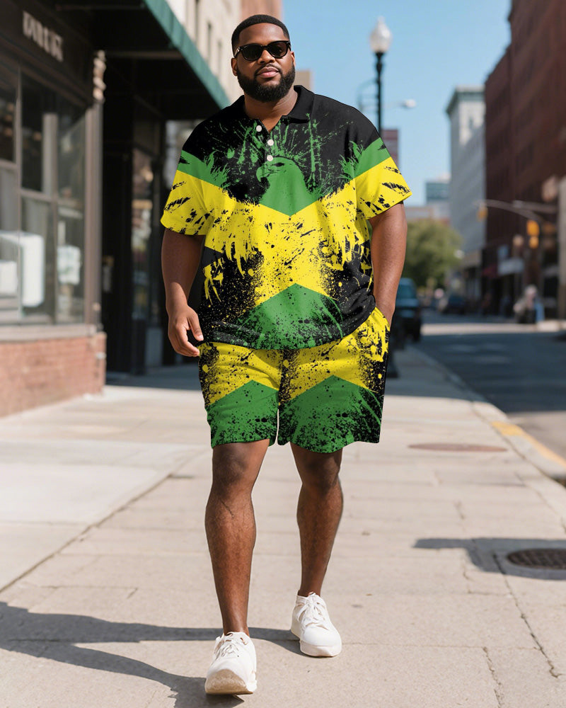 Big & Tall Black Green Colorblock Polo Shorts Set for big men view 2
