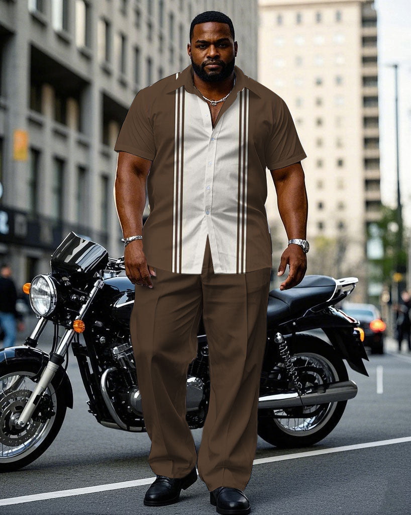 Big & Tall White Brown Colorblock T-Shirt Pants Set for big men view 1