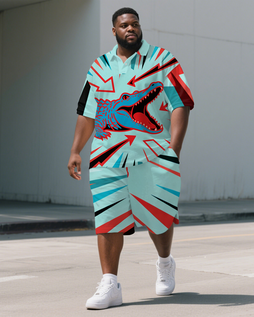 Big & Tall Graffiti Streetwear Polo Shorts Set for big men view 1