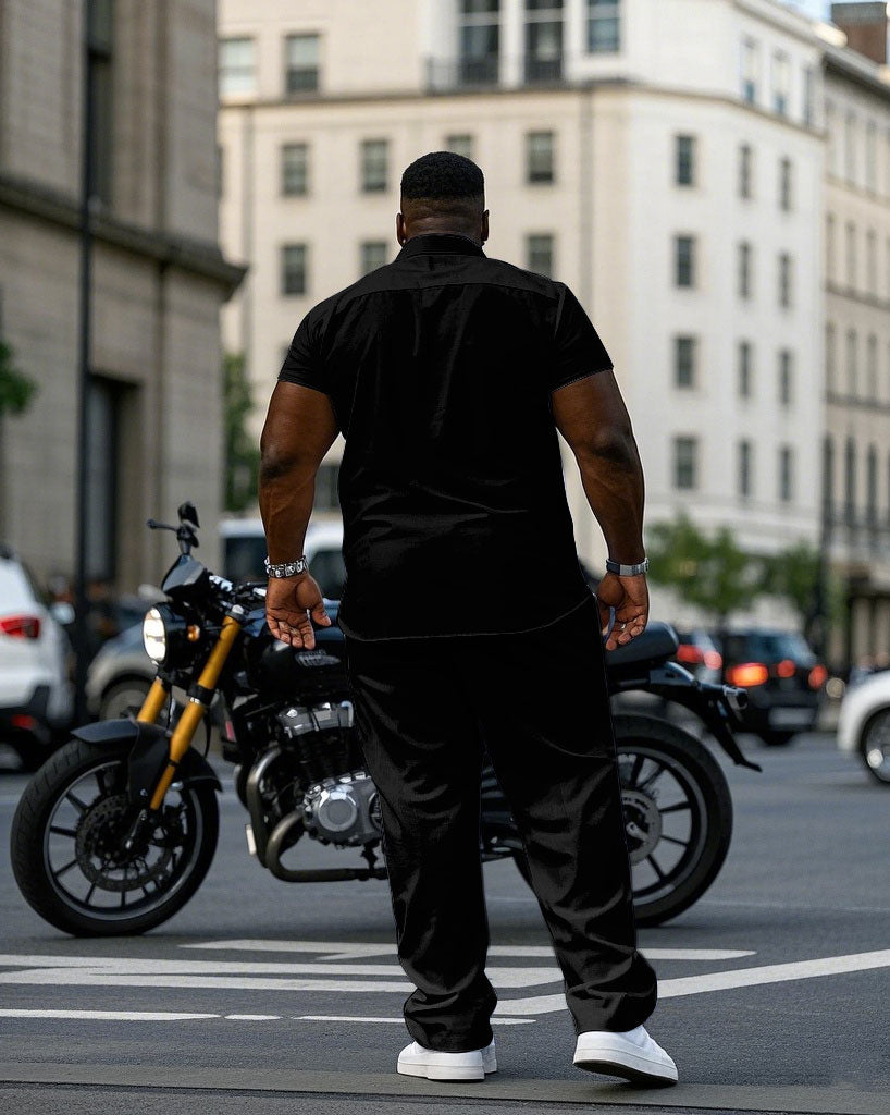 Big & Tall Black White Solid Color T-Shirt Pants Set for big men view 4