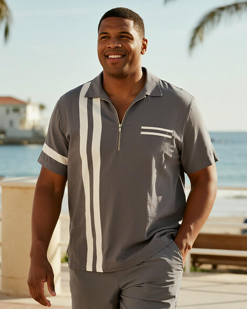 Big & Tall Gray Striped Graphic Polo Shorts Set for big men view 2