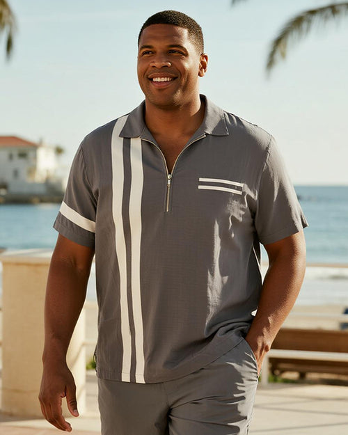 Big & Tall Gray Striped Graphic Polo Shorts Set for big men view 2