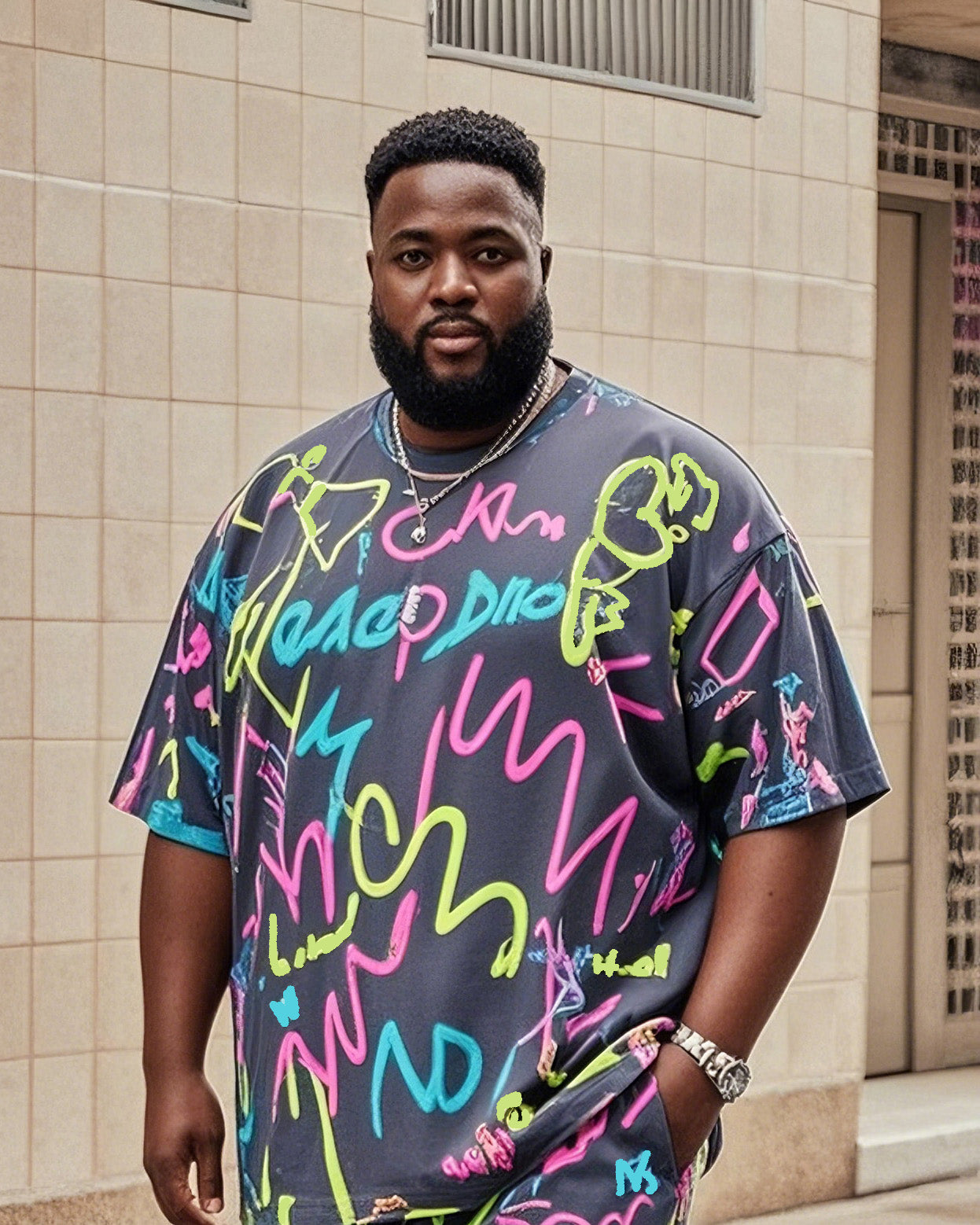 Big & Tall Graphic Graffiti T-Shirt Shorts Set for big men view 2
