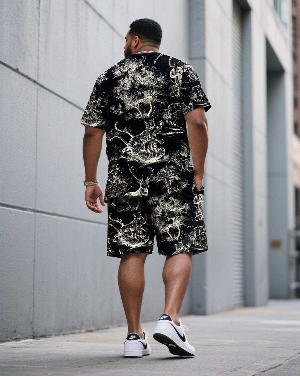 Big & Tall Black Streetwear T-Shirt Shorts Set for big men view 4