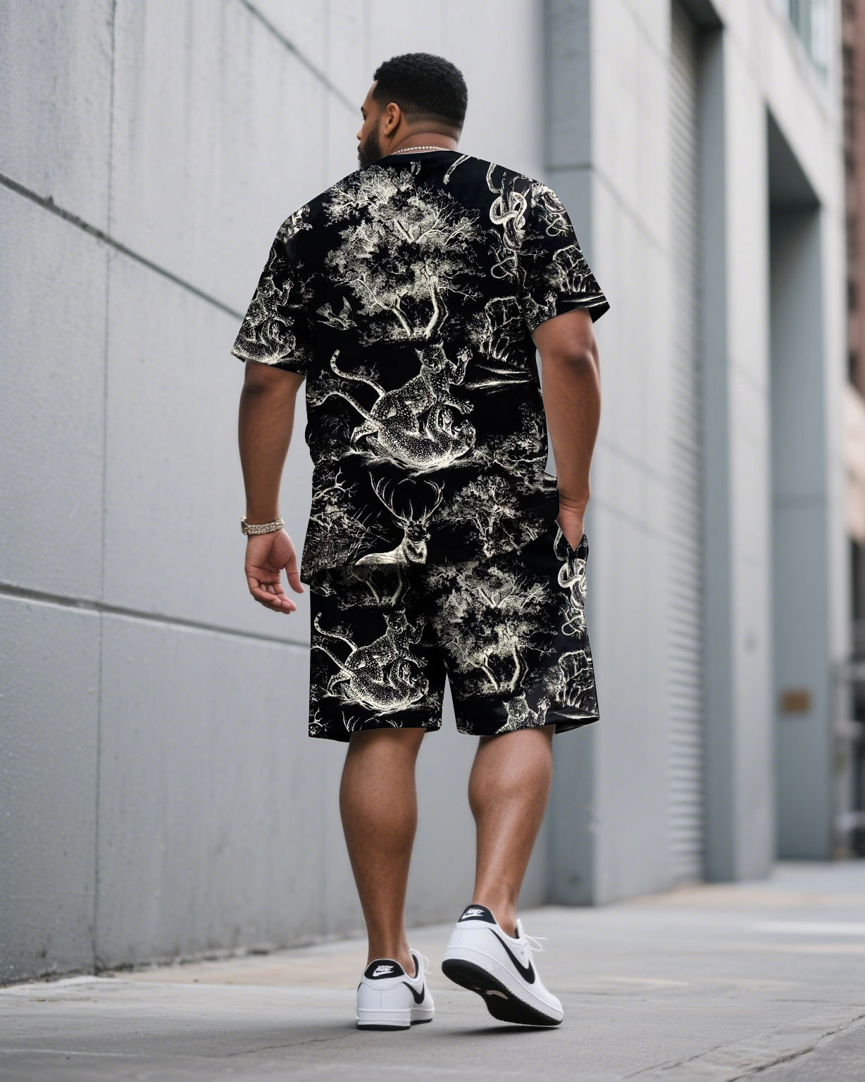 Big & Tall Black Streetwear T-Shirt Shorts Set for big men view 4