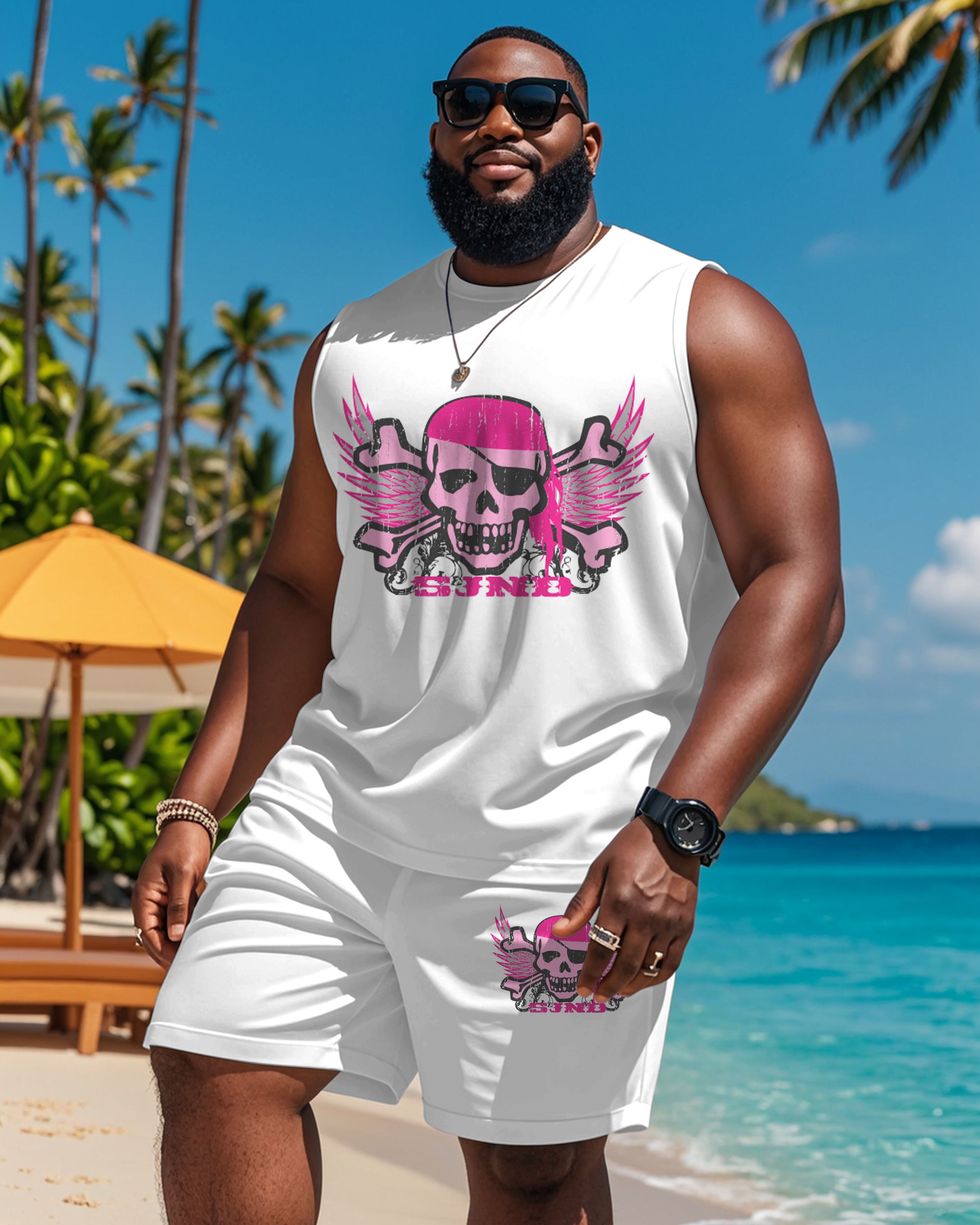 Big & Tall White Pink Skull Tank Top for big men view 1