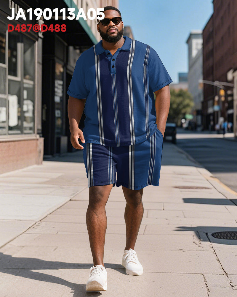 Big & Tall Blue Striped Graphic Polo Shorts Set for big men view 2