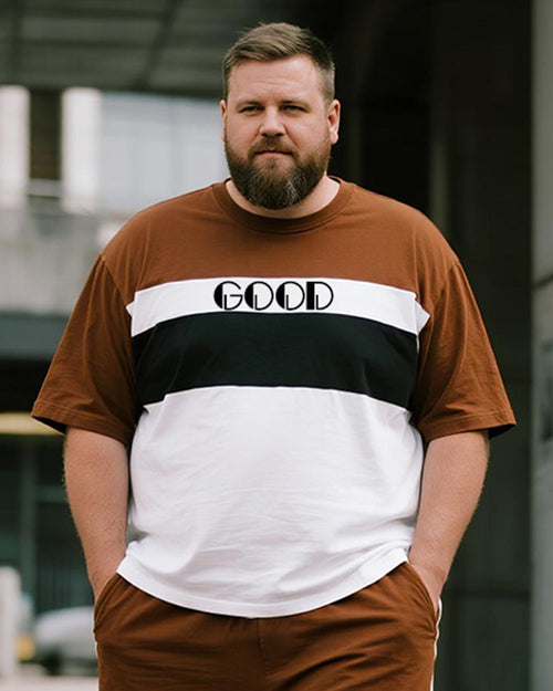Big & Tall Brown Striped Graphic T-Shirt Shorts Set for big men view 2
