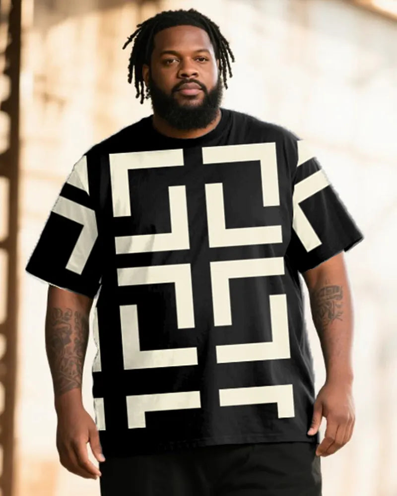 Big & Tall Black Geometric Graphic T-Shirt Pants Set for big men view 2