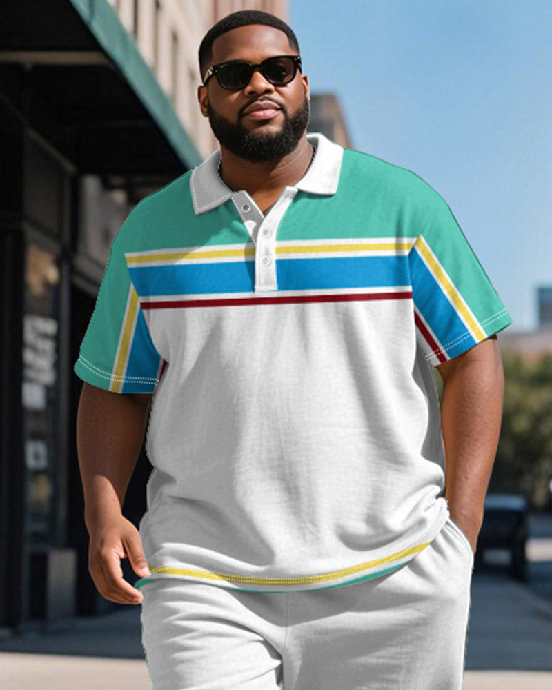 Big & Tall Green Colorblock Striped Polo Shorts Set for big men view 3