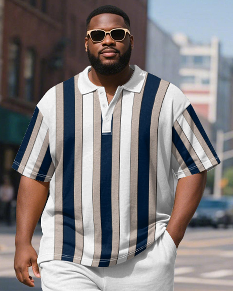 Big & Tall White Blue Striped Polo Shorts Set for big men view 3