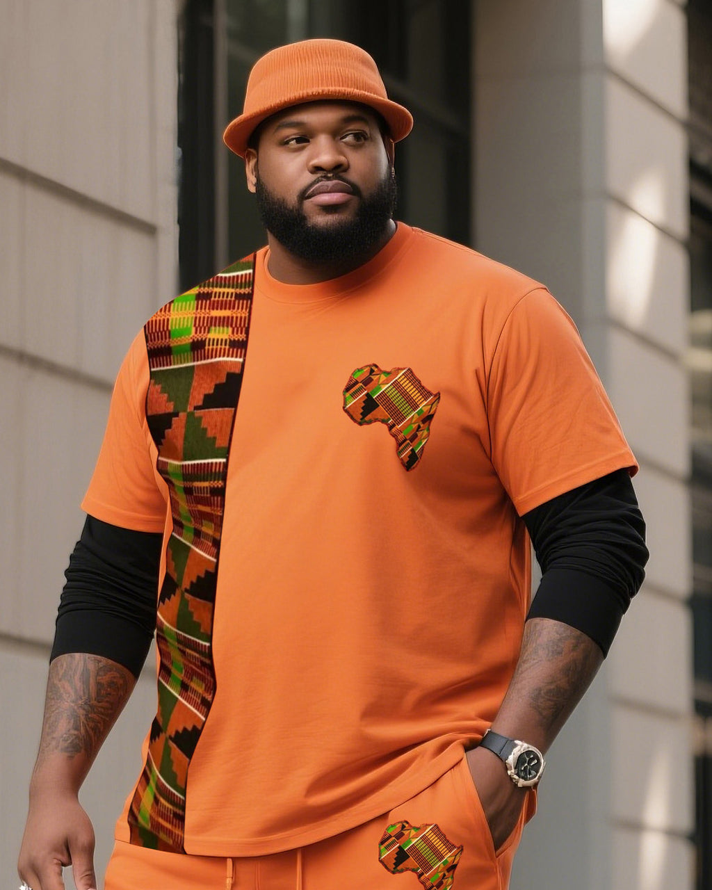 Big & Tall Orange Striped Graphic T-Shirt Shorts Set for big men view 2