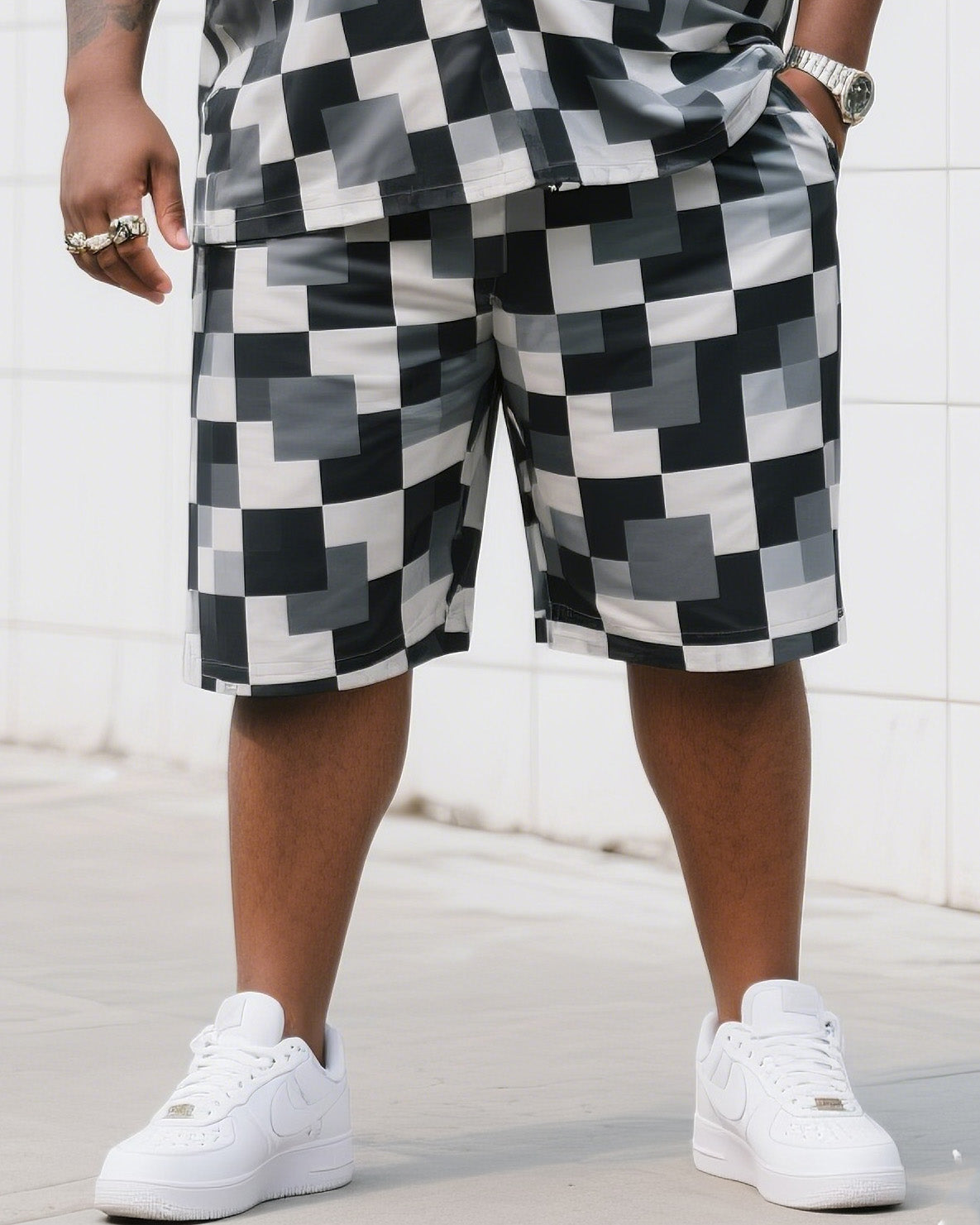 Big & Tall Black White Plaid T-Shirt Shorts Set for big men view 3
