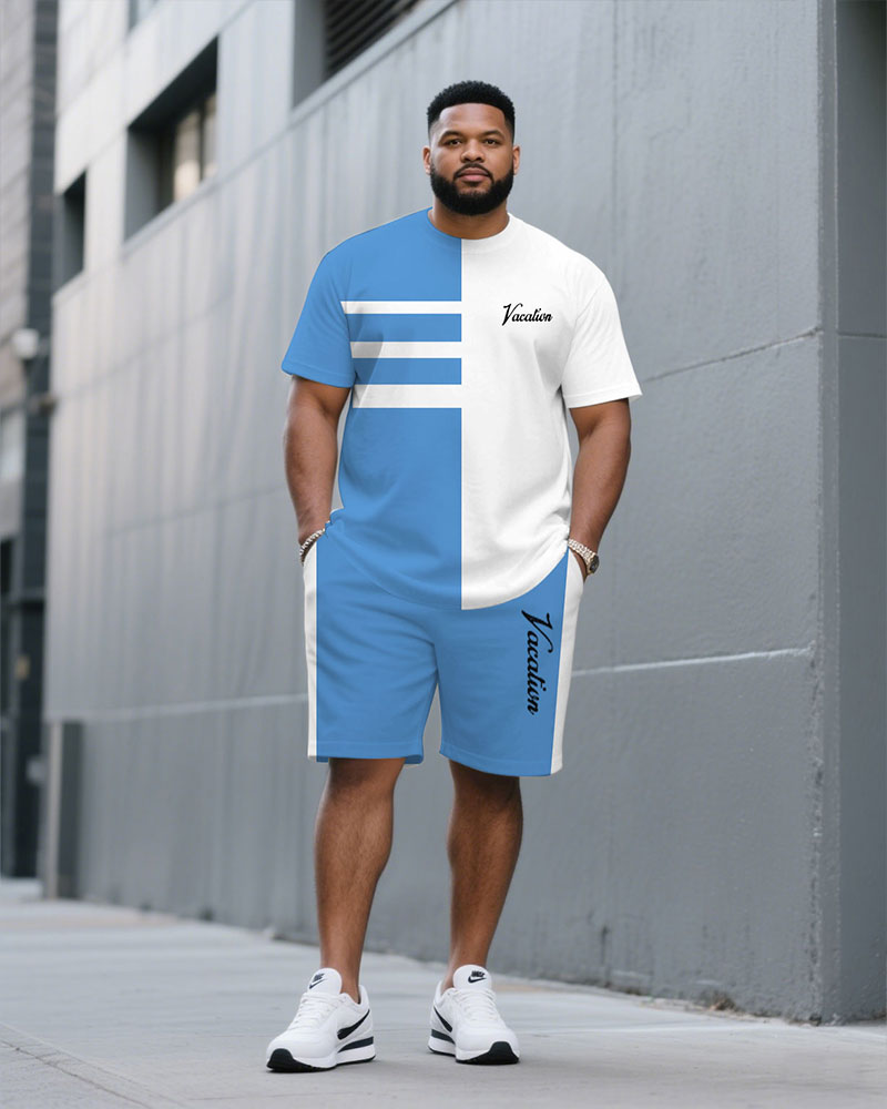 Big & Tall White Blue Streetwear T-Shirt Pants Set for big men view 1
