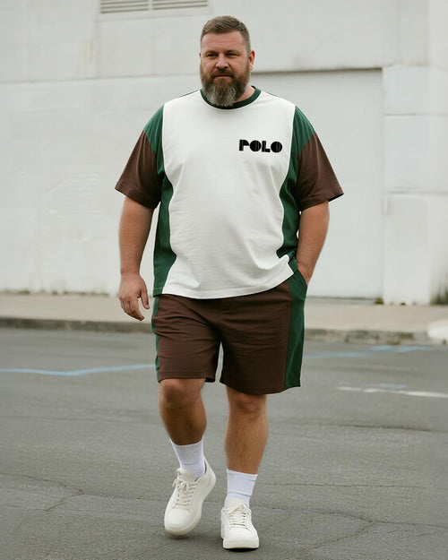 Big & Tall Brown Green Geometric T-Shirt Shorts Set for big men view 1
