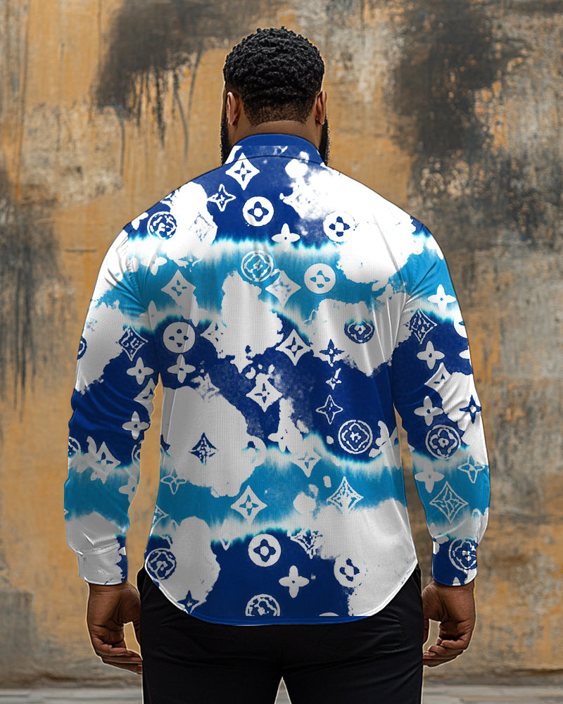 Big & Tall Blue Geometric Striped Long Sleeve Shirt for big men view 2
