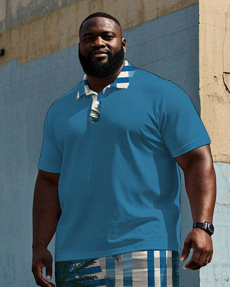 Big & Tall Blue Hawaiian Striped Polo Shorts Set for big men view 2