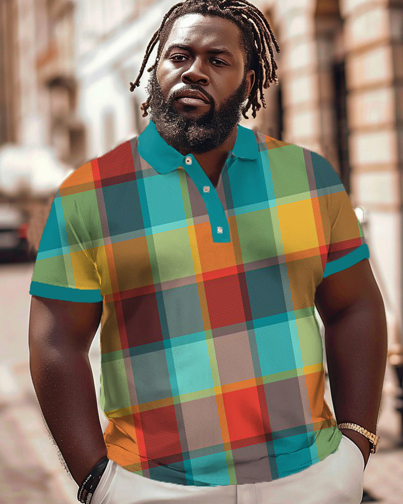 Big & Tall Plaid Polo Shorts Set for big men