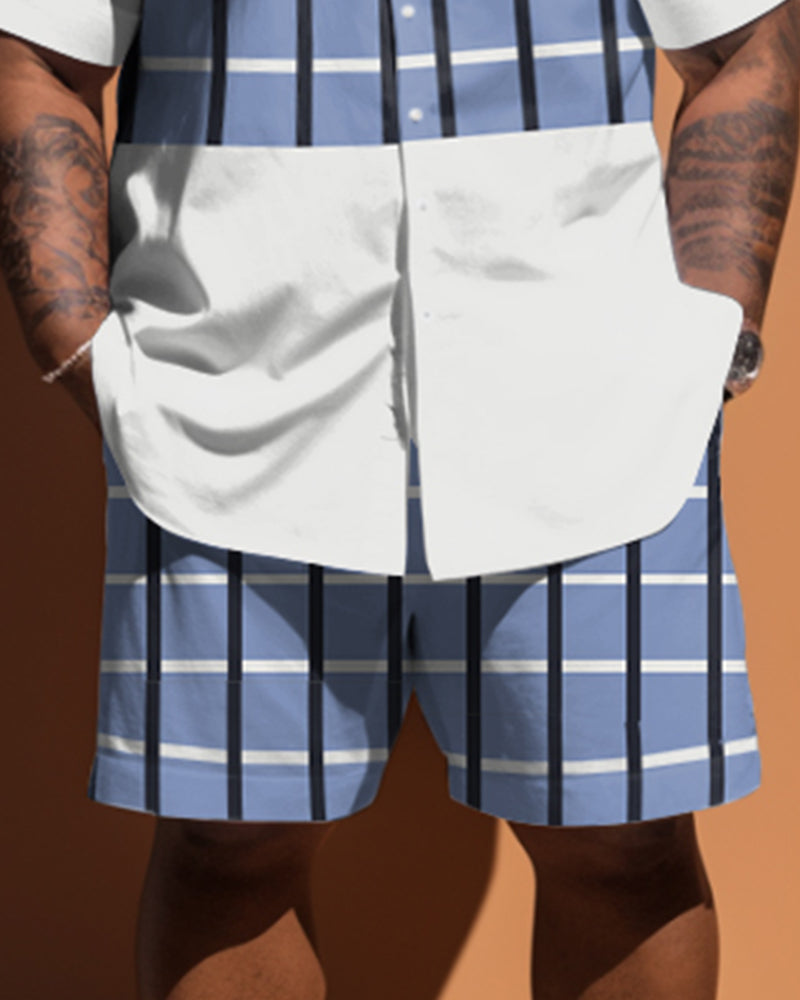 Big & Tall Plaid Patchwork T-Shirt Shorts Set for big men view 3