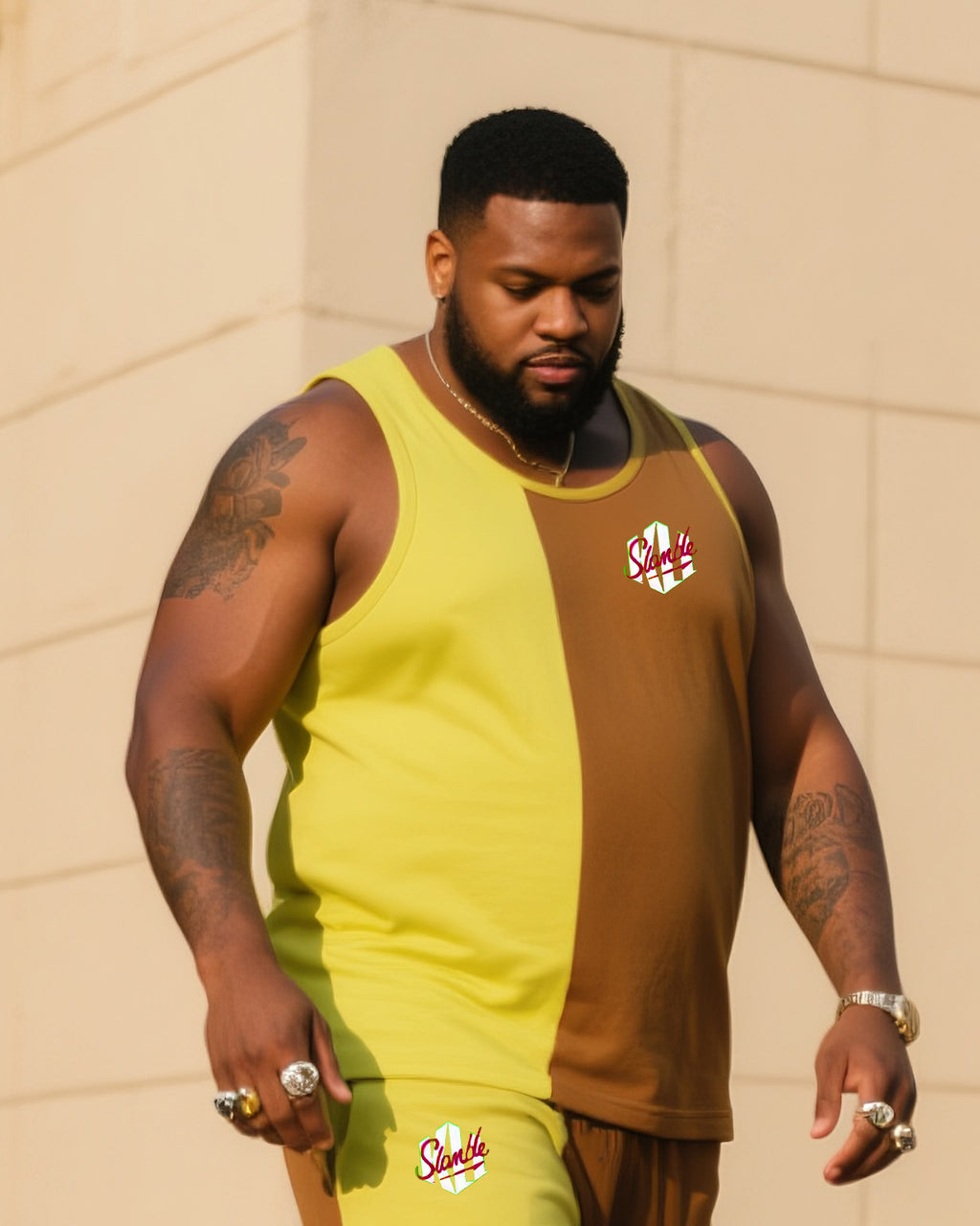 Big & Tall Colorblock Geometric Vest Pants Set for big men view 2
