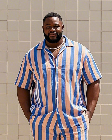 Big & Tall Blue Pink Colorblock T-Shirt Shorts Set for big men view 2