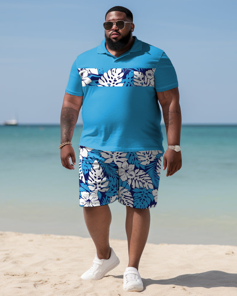 Big & Tall Hawaiian Tropical Graphic Polo Shorts Set for big men view 1