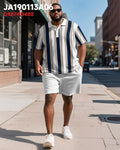 Big & Tall White Blue Striped Polo Shorts Set for big men view 2