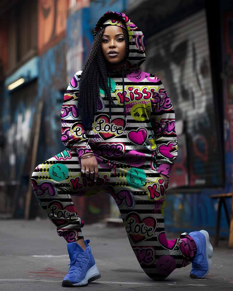 Big & Tall Striped Graffiti Hoodie Sweatpants Set for big men view 1