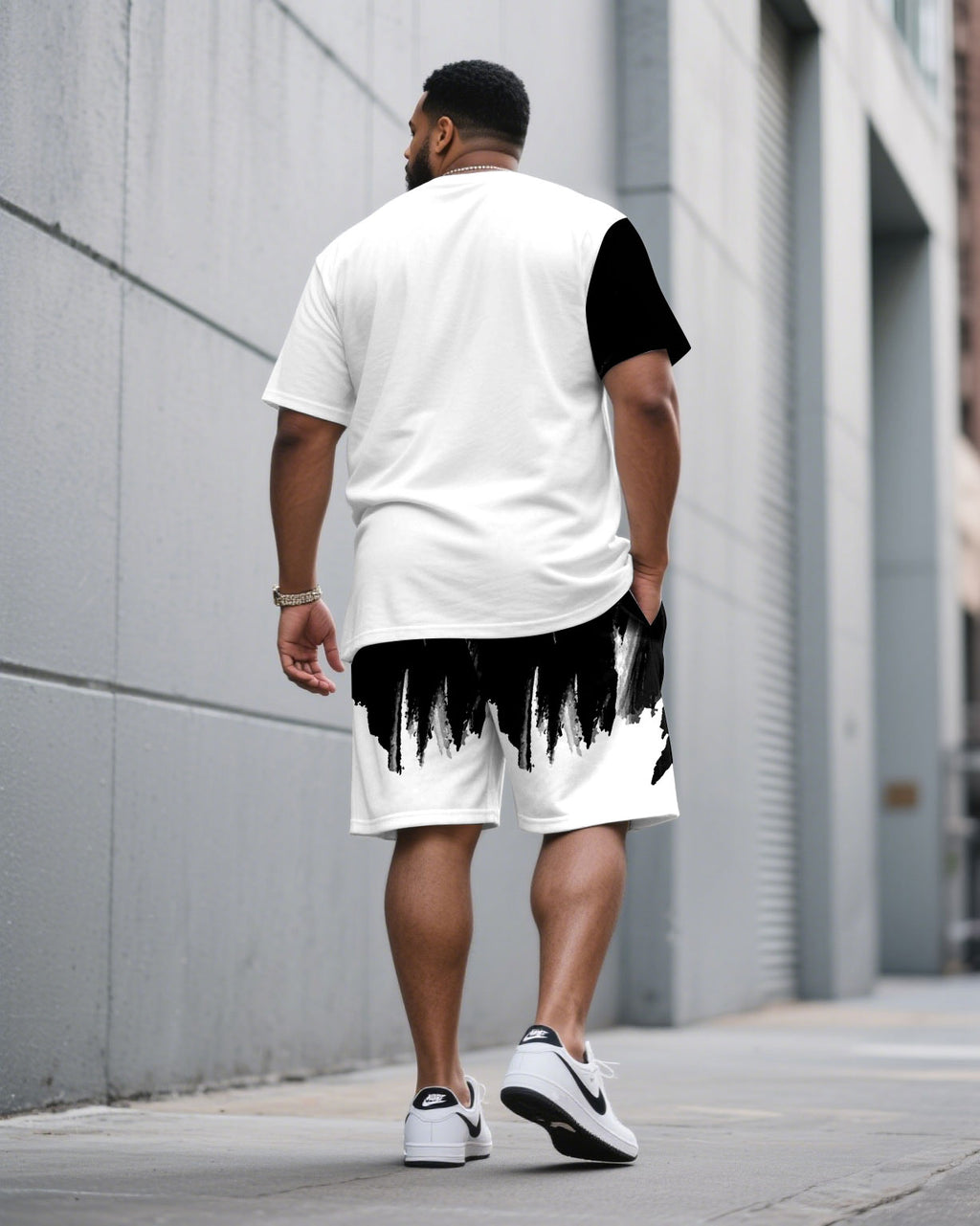 Big & Tall Black White Splash Ink T-Shirt Shorts Set for big men view 2