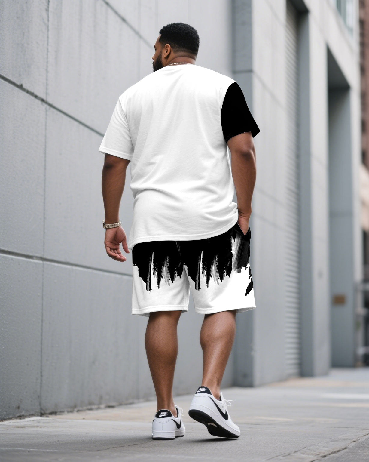 Big & Tall Black White Splash Ink T-Shirt Shorts Set for big men view 2