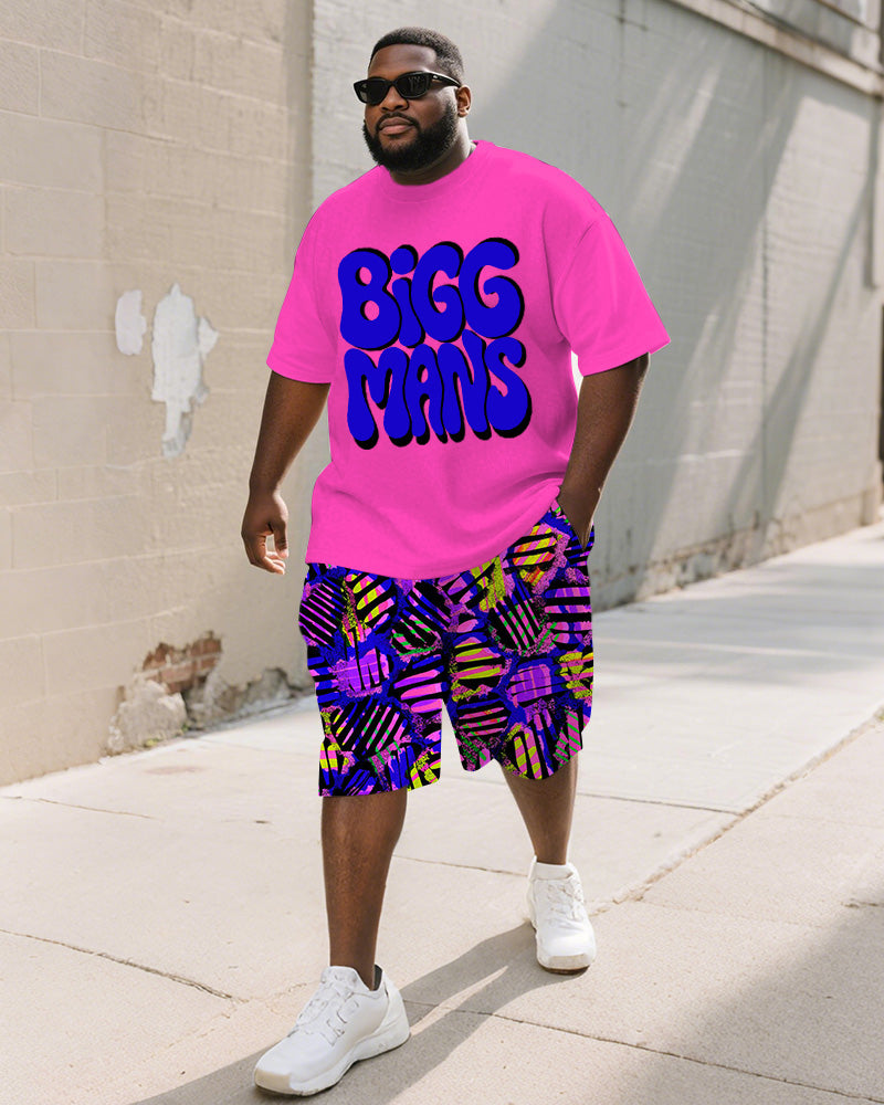 Big & Tall Pink Graphic Graffiti T-Shirt Shorts Set for big men view 1