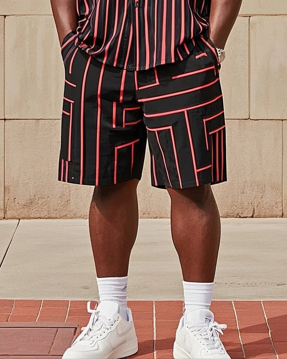 Big & Tall Black Red Colorblock T-Shirt Shorts Set for big men view 3