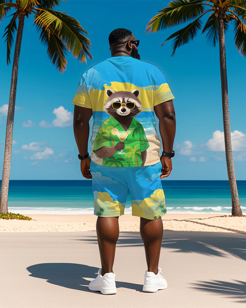 Big & Tall Blue Hawaiian Graphic T-Shirt Shorts Set for big men view 5