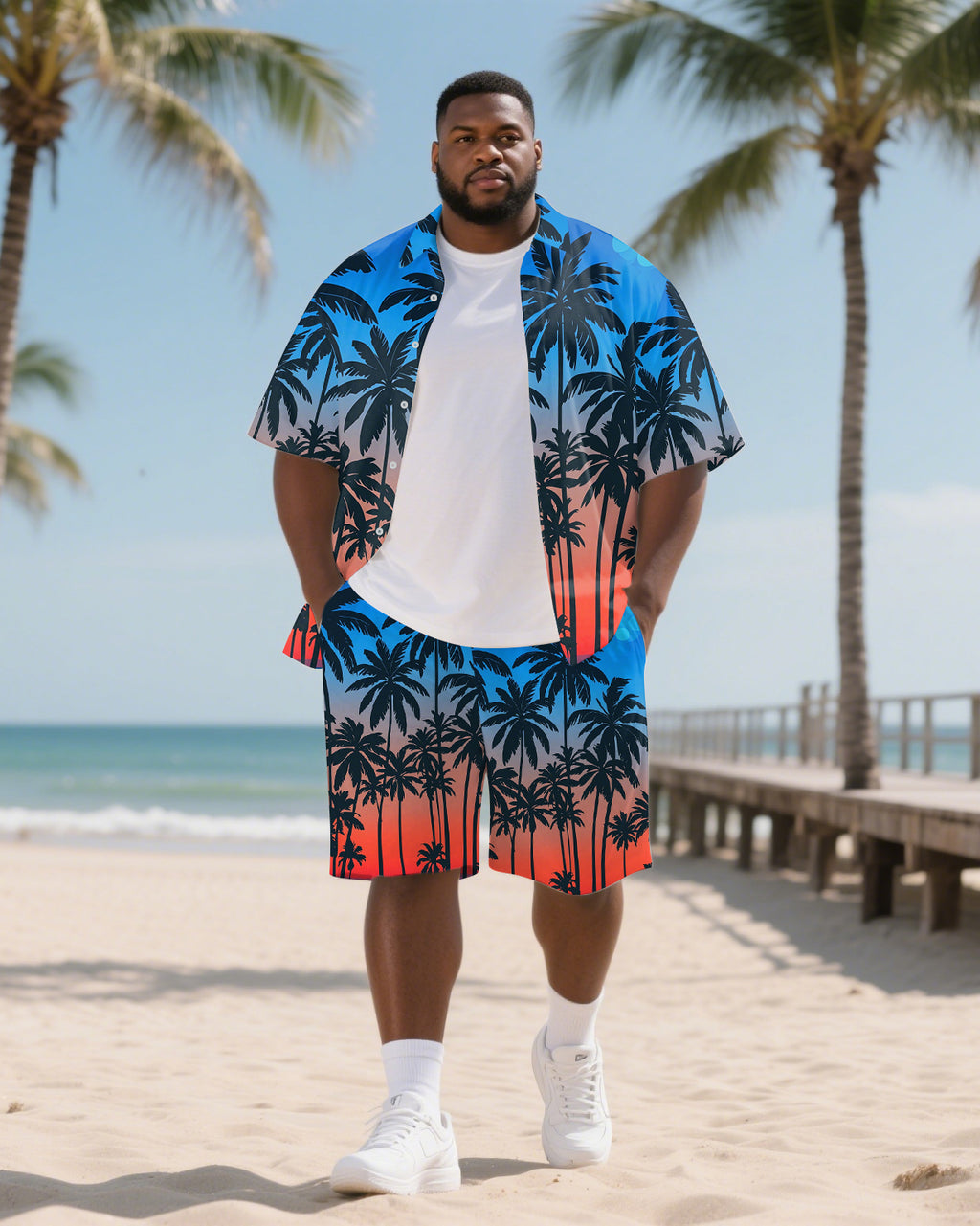 Big & Tall Hawaiian Gradient T-Shirt Shorts Set for big men view 1