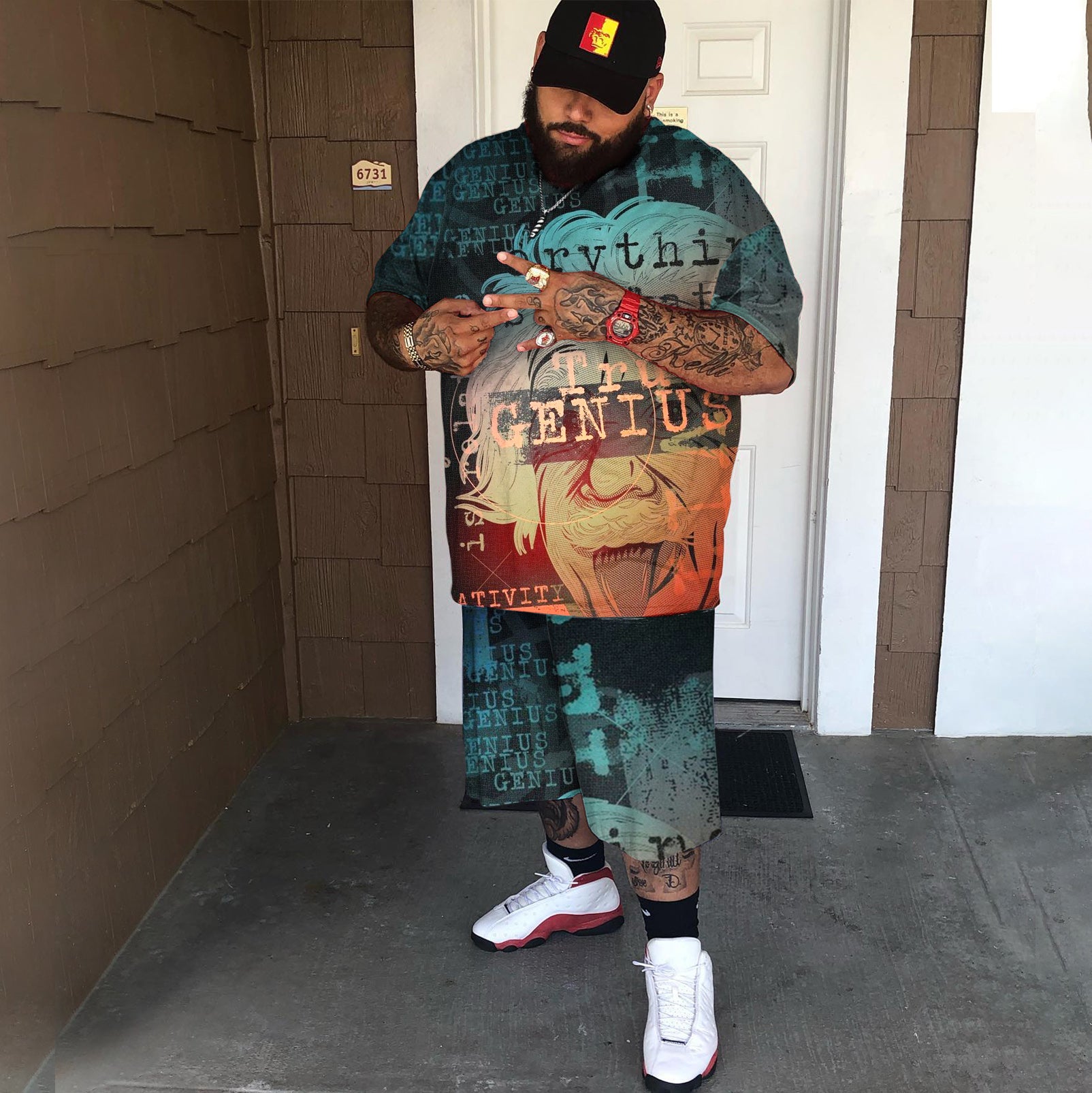 Big & Tall Graphic Streetwear Two-piece Set for big men