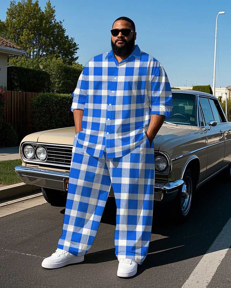 Big & Tall Blue Plaid T-Shirt Pants Set for big men view 1