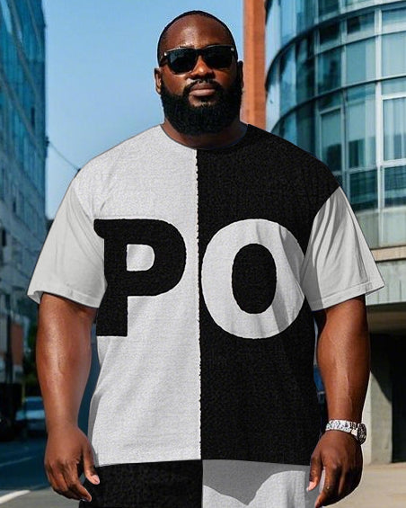 Big & Tall Black White Colorblock T-Shirt Pants Set for big men view 2