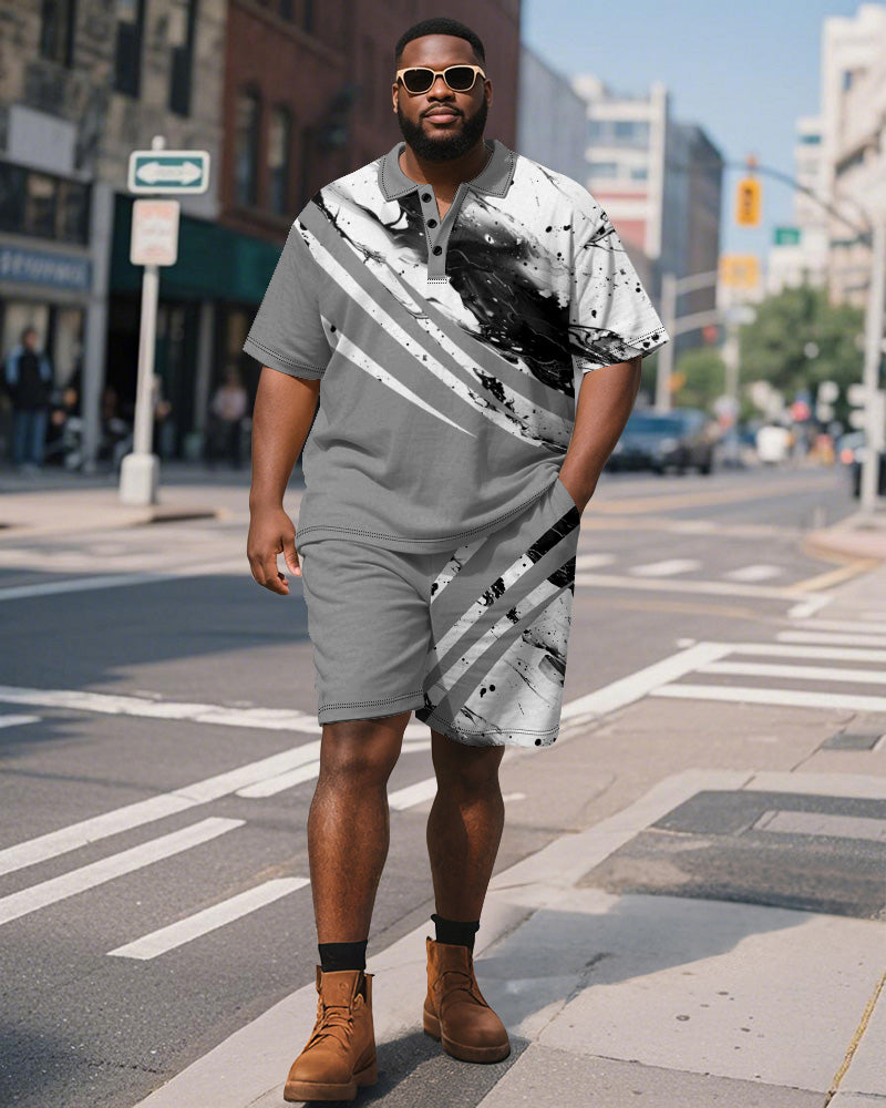 Big & Tall Gray Geometric Graphic Polo Shorts Set for big men view 1