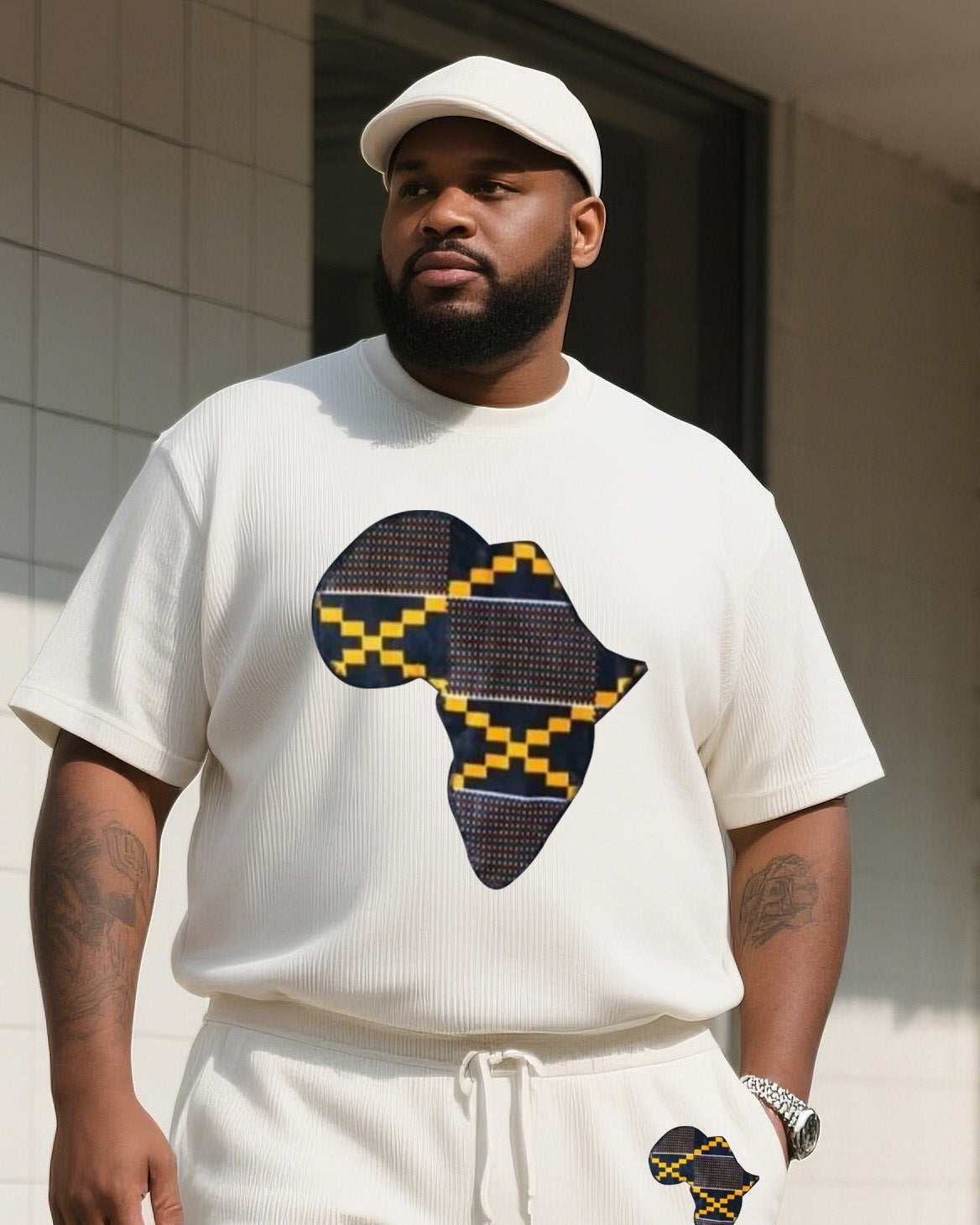Big & Tall Beige Graphic T-Shirt Shorts Set for big men view 2