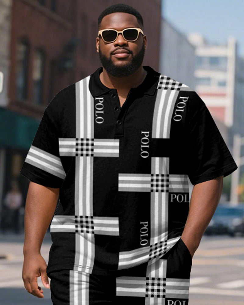 Big & Tall Black Striped Graphic Polo Shorts Set for big men view 2