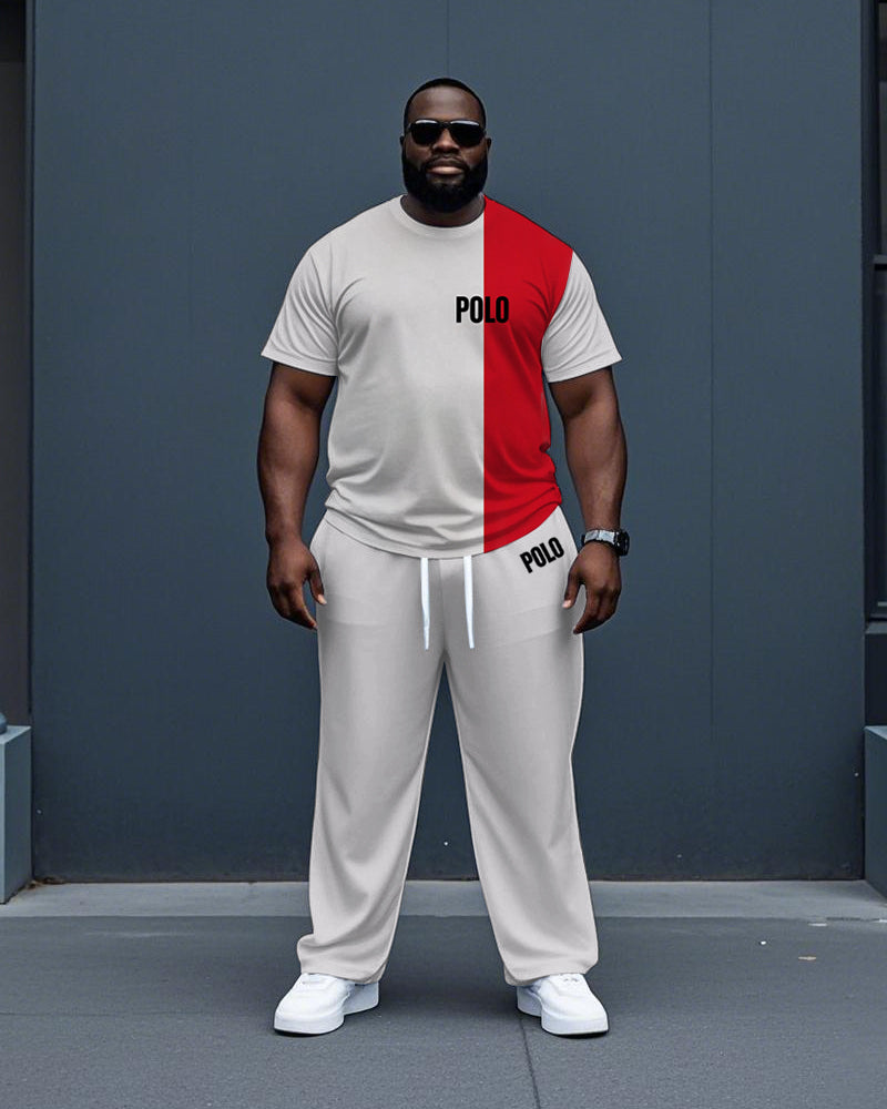 Big & Tall White Red Colorblock T-Shirt Pants Set for big men view 1