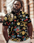 Big & Tall Black Graphic Floral Polo Shorts Set for big men