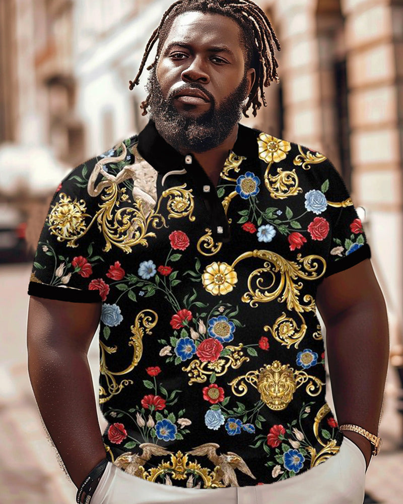 Big & Tall Black Graphic Floral Polo Shorts Set for big men