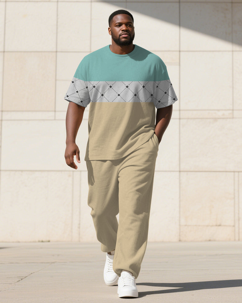 Big & Tall Colorblock Plaid Striped T-Shirt Pants Set for big men view 3
