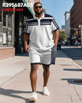 Big & Tall Blue Striped Graphic Polo Shorts Set for big men view 2